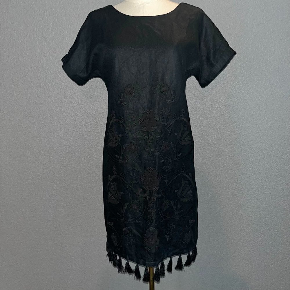 Madewell Black Embroidered Mini Shift Dress Linen Blend.Tassel Fringe Hem Xxs